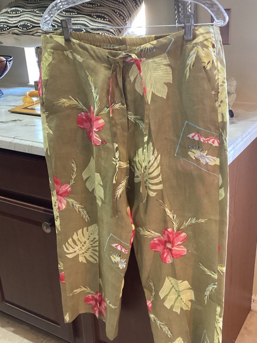 JohnPaulRichard Olive Green Tropical Print Linen Pants